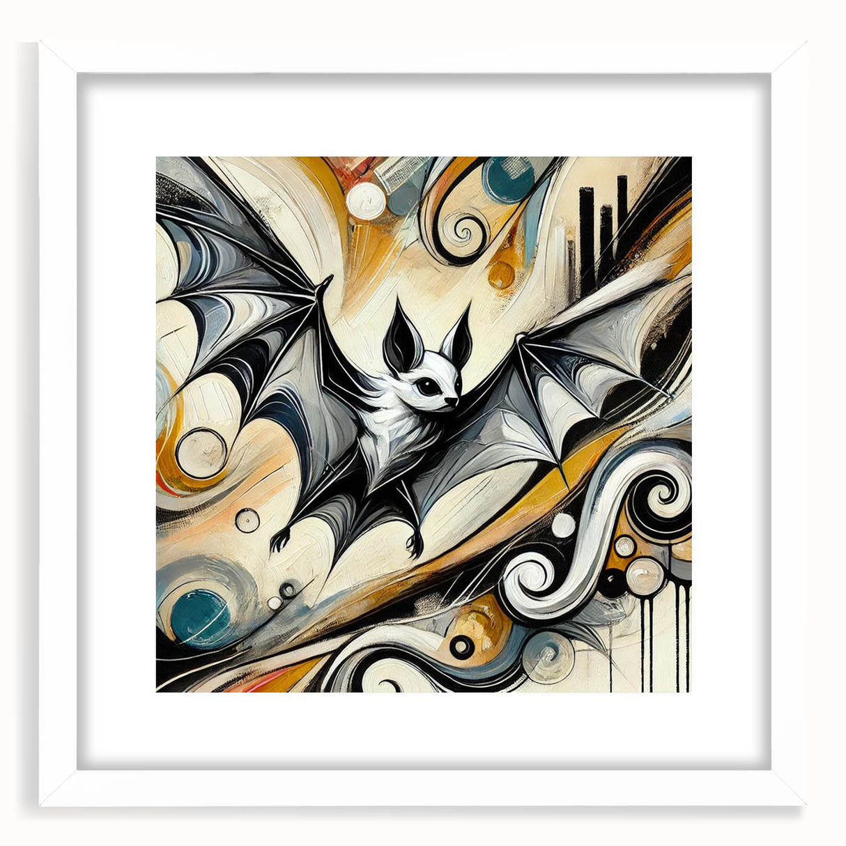 Wall art collection featuring a bat design in a sleek white frame with a mat. The artwork showcases intricate details and a modern aesthetic, perfect for wildlife enthusiasts and home decor lovers.