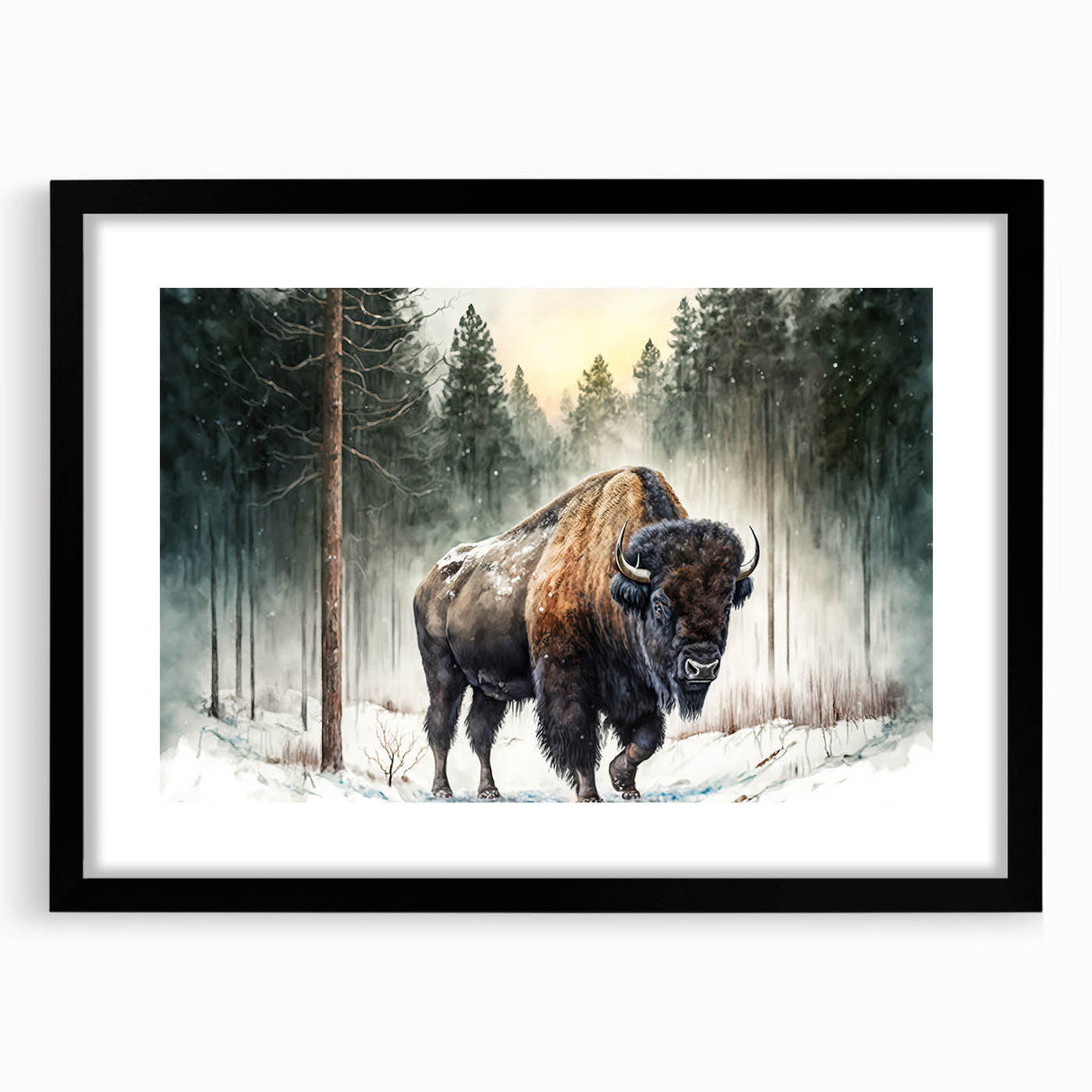 Framed wall art featuring a majestic bison design, showcasing intricate details and textures, set against a sleek black mat and frame, perfect for wildlife enthusiasts.
