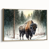 Framed wall art depicting a majestic buffalo in a natural setting, showcasing intricate details and vibrant colors, perfect for wildlife enthusiasts and home decor.