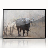 Framed black wall art featuring a striking design of a buffalo, showcasing intricate details and textures, ideal for wildlife enthusiasts and modern decor.
