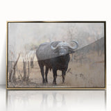 Framed wall art featuring a detailed illustration of a buffalo, designed with a golden acrylic frame, showcasing wildlife artistry perfect for animal lovers.