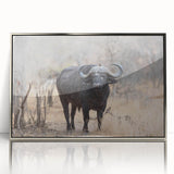 Framed wall art of a bison displayed in a silver-acrylic frame, showcasing intricate details of the animal's fur and surroundings, perfect for wildlife enthusiasts.
