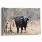 Framed wall art featuring a stunning silver-side view of a buffalo, showcasing intricate bison design details on canvas, perfect for wildlife enthusiasts.