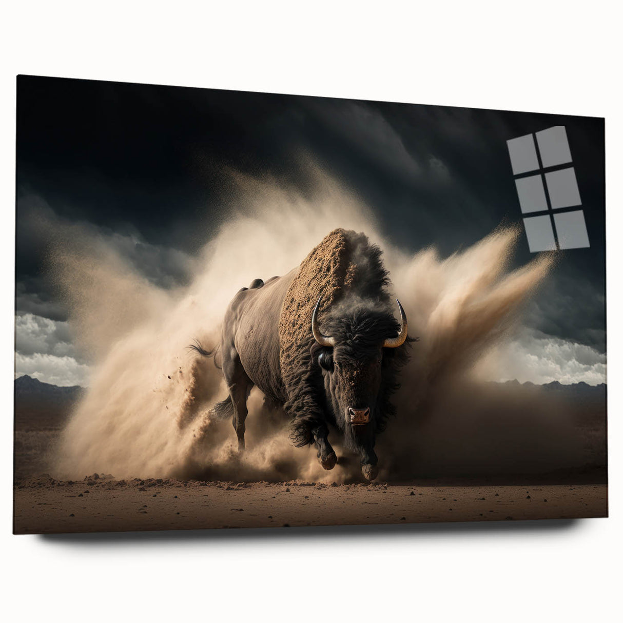 Side view of a striking wall art piece showcasing a bison in a wild landscape, designed in acrylic glass for vibrant colors and durability, perfect for animal lovers.