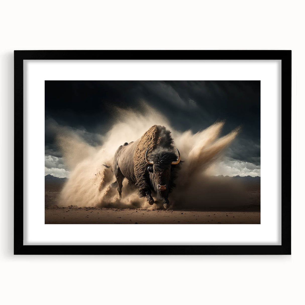 Framed wall art showcasing a black and white bison design from the Animals a Wild Life collection, featuring a sleek mat and modern style perfect for home decor.