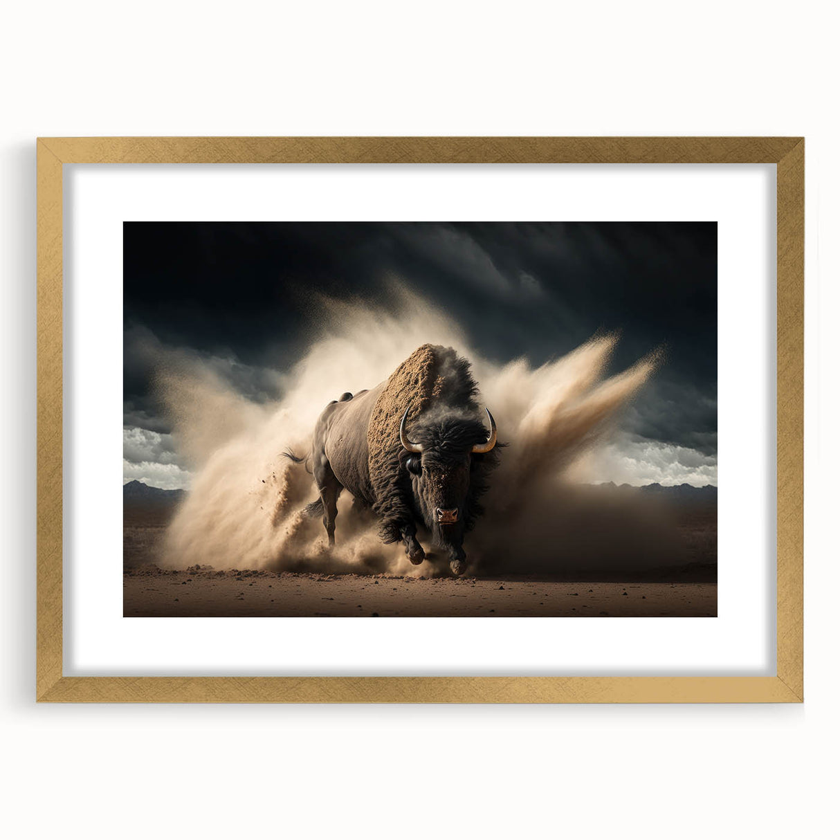 Framed wall art featuring a majestic buffalo design, showcasing intricate detailing and a gold mat, perfect for wildlife enthusiasts and home decor.