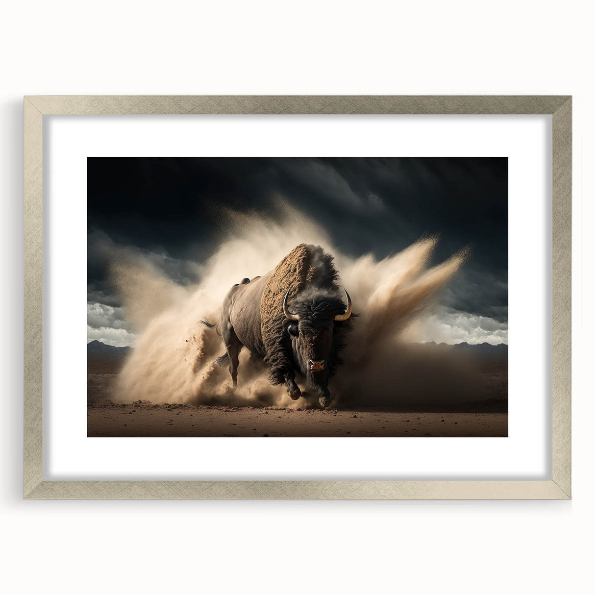 Framed wall art featuring a striking design of a buffalo, showcasing intricate details and a silver mat. Ideal for wildlife enthusiasts and home decor.