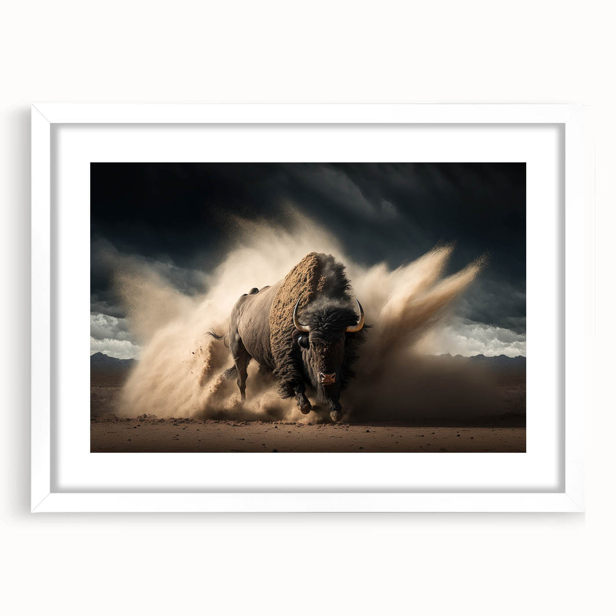 Elegant framed wall art featuring a majestic buffalo design from the A Bisson collection, showcasing intricate details and a white mat, perfect for wildlife enthusiasts.