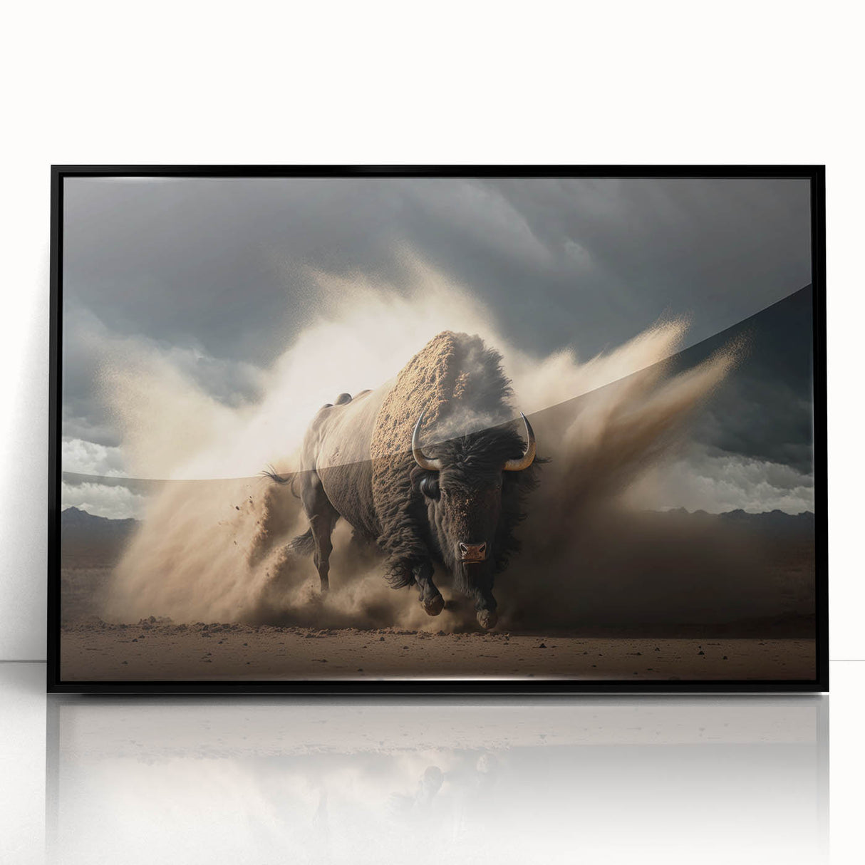 Framed wall art featuring a stunning black and white buffalo design, showcasing intricate details and textures, ideal for wildlife enthusiasts and modern decor.