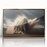 Framed wall art showcasing a majestic buffalo design, featuring intricate details and a gold-acrylic finish, perfect for wildlife enthusiasts and home decor.