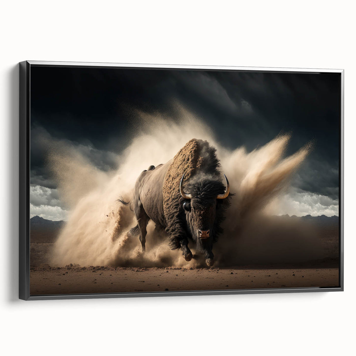 Black-framed canvas wall art showcasing a detailed side view of a buffalo, emphasizing its powerful stance and natural textures, ideal for wildlife decor enthusiasts.
