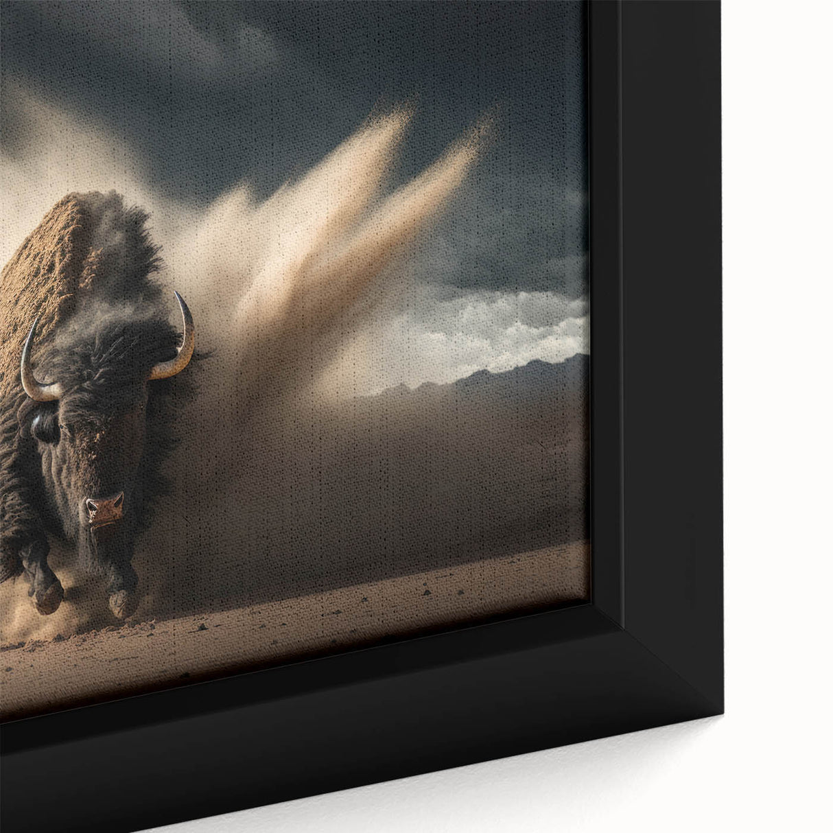 Close-up of a framed canvas wall art depicting a majestic buffalo in a natural setting, showcasing intricate details and vibrant colors, perfect for wildlife enthusiasts.