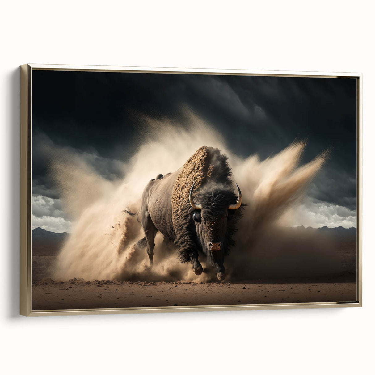 Framed canvas wall art showcasing a majestic bison in a gold frame, highlighting wildlife beauty and natural elements, perfect for home decor enthusiasts.
