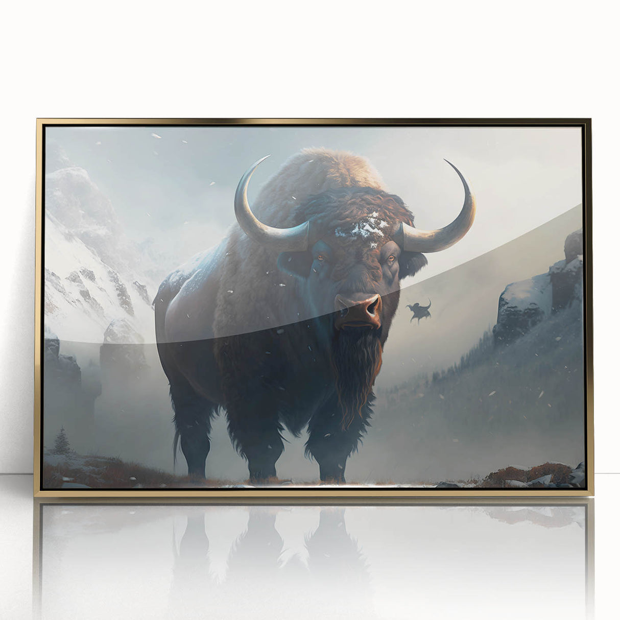 Framed acrylic wall art of a majestic buffalo in a golden hue, showcasing intricate details and textures, ideal for wildlife enthusiasts and home decor.