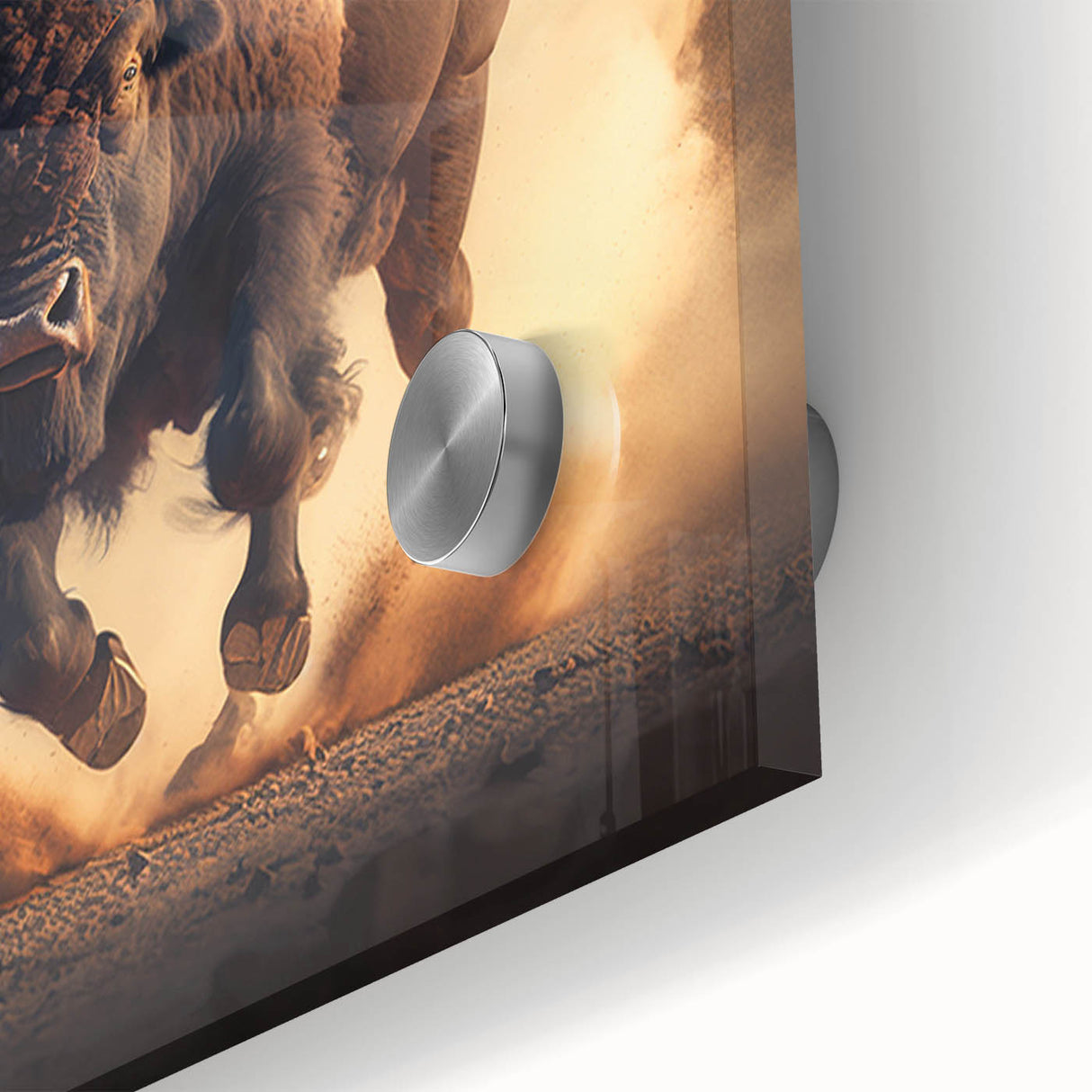 Close-up of a striking buffalo wall art design, featuring vibrant colors and intricate details, crafted on acrylic glass for a modern aesthetic. Ideal for wildlife enthusiasts and home decor.