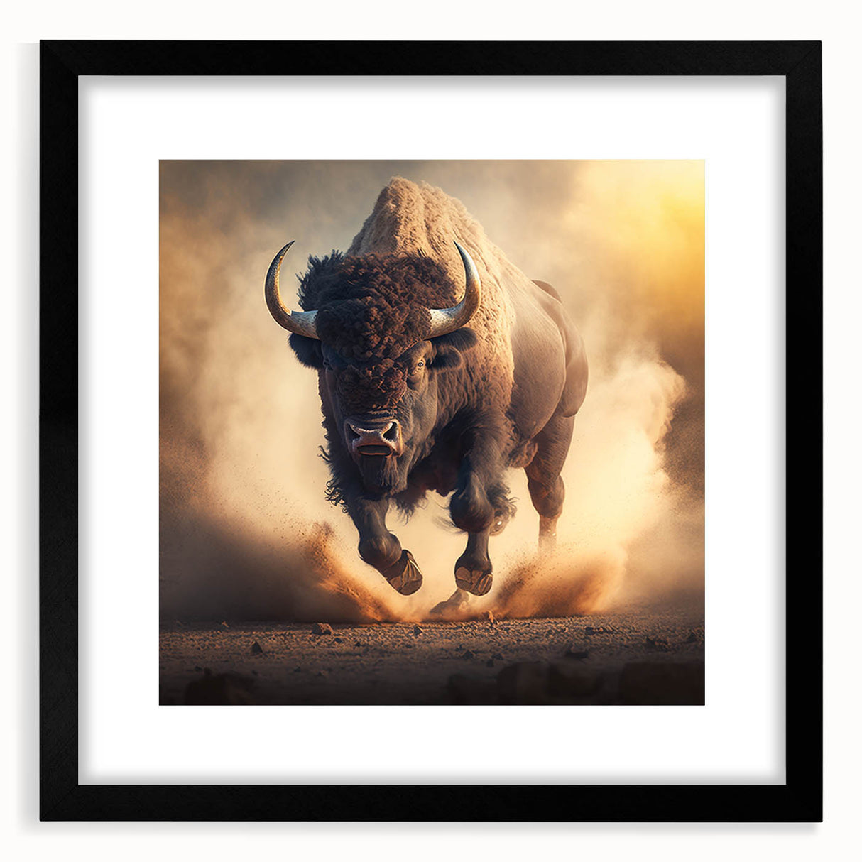 Black-framed wall art featuring a striking design of a buffalo, part of the 'A Wild Life' collection, showcasing intricate details and vibrant colors, perfect for wildlife enthusiasts.