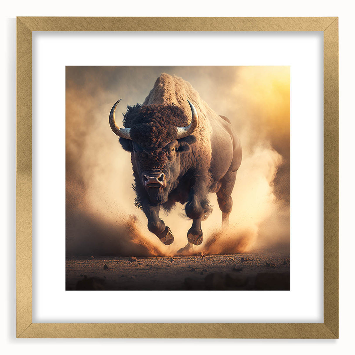 Framed wall art featuring a striking design of a buffalo, showcasing intricate details and a gold matting. Perfect addition to wildlife-themed decor, highlighting nature's beauty.