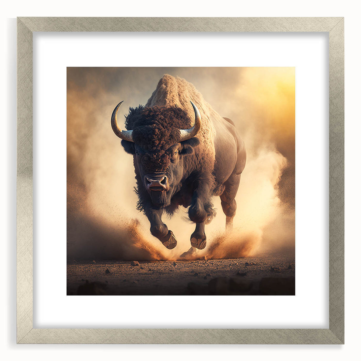 Framed wall art showcasing a detailed silver mat design featuring a majestic buffalo, ideal for wildlife enthusiasts and modern decor, enhancing any living space.