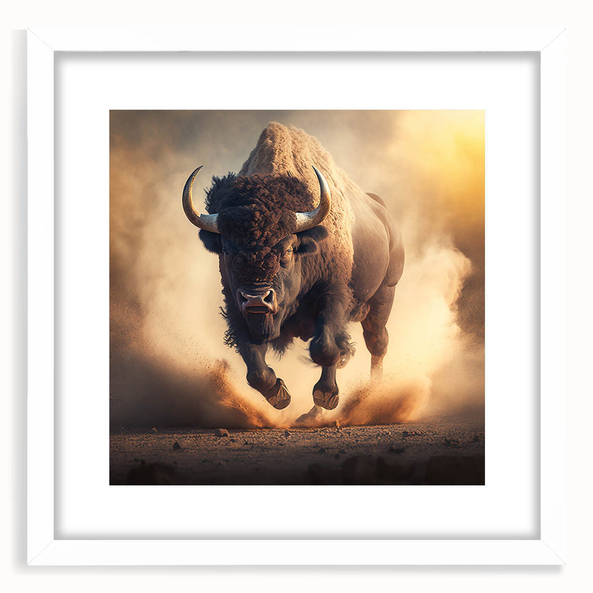 A framed wall art piece featuring a detailed illustration of a buffalo, showcasing a striking design with vibrant colors and intricate textures, perfect for wildlife enthusiasts.