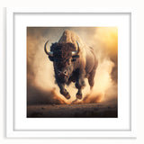 A framed wall art piece featuring a detailed illustration of a buffalo, showcasing a striking design with vibrant colors and intricate textures, perfect for wildlife enthusiasts.