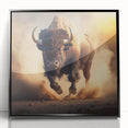 Framed acrylic wall art showcasing a striking black and white buffalo design, perfect for wildlife enthusiasts, set against a sleek black frame, ideal for modern decor.