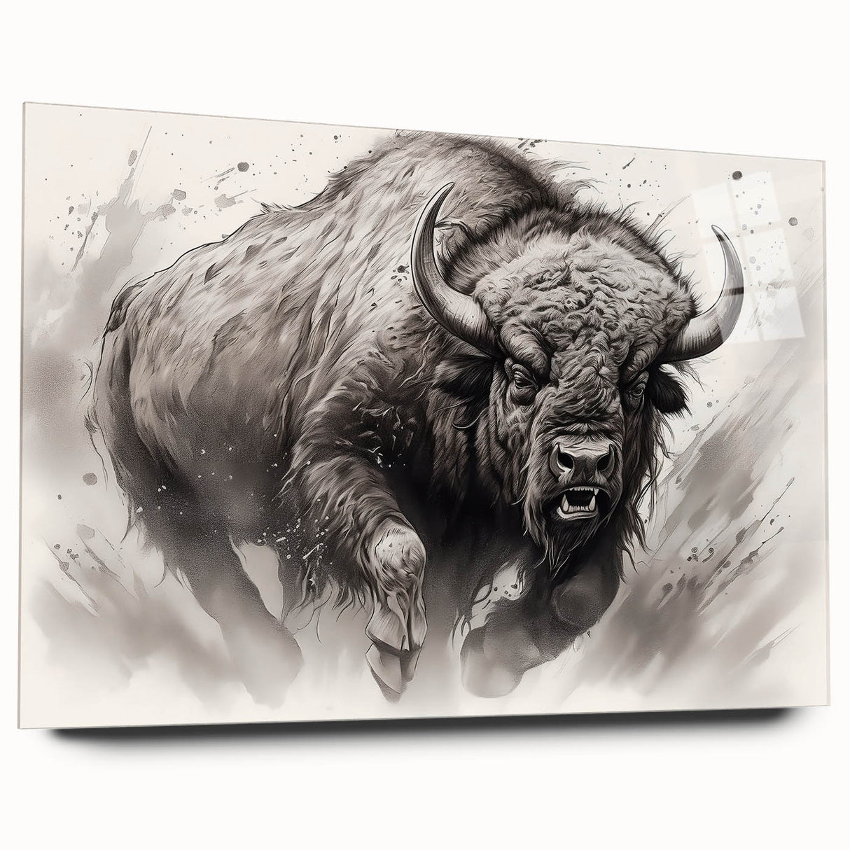 Side view of a striking buffalo wall art design in acrylic glass, showcasing intricate details and vibrant colors, perfect for wildlife enthusiasts and modern decor.