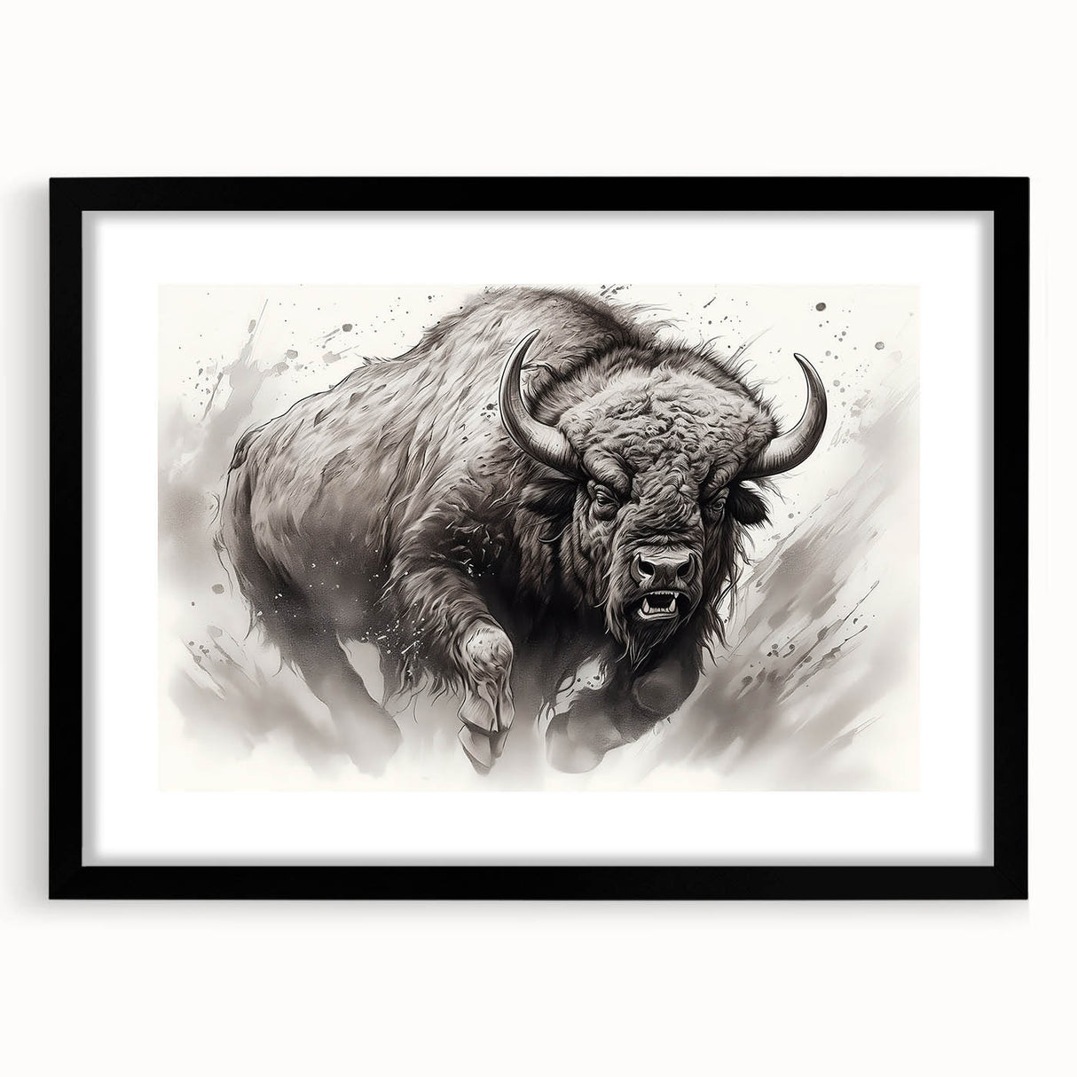 Black-framed wall art featuring a detailed design of a buffalo, showcasing intricate textures and colors, ideal for wildlife decor enthusiasts.