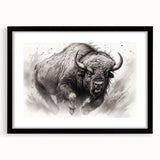 Black-framed wall art featuring a detailed design of a buffalo, showcasing intricate textures and colors, ideal for wildlife decor enthusiasts.