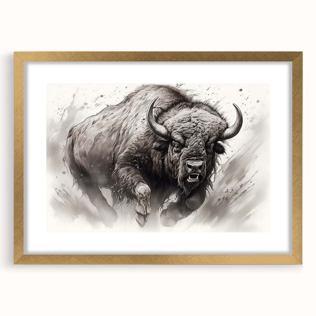 Framed wall art featuring a majestic buffalo design in a gold mat, showcasing intricate details and vibrant colors, perfect for wildlife enthusiasts and home decor.