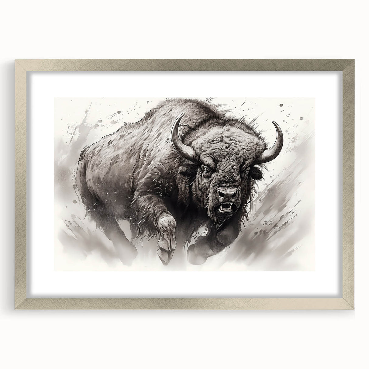 Framed wall art showcasing a majestic bison design, highlighting intricate details in silver matting and frame, perfect for wildlife-themed decor.