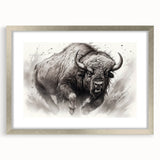 Framed wall art showcasing a majestic bison design, highlighting intricate details in silver matting and frame, perfect for wildlife-themed decor.