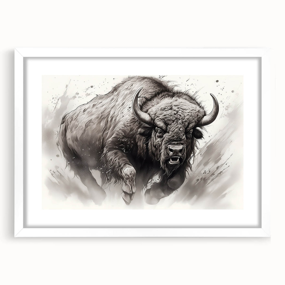 Front view of a framed wall art piece featuring a detailed design of a buffalo, part of the 'A Wild Life' collection, set against a clean white mat for a modern aesthetic.