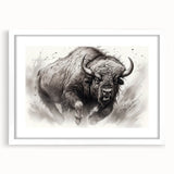 Front view of a framed wall art piece featuring a detailed design of a buffalo, part of the 'A Wild Life' collection, set against a clean white mat for a modern aesthetic.