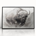 Framed acrylic wall art featuring a striking black buffalo design, showcasing intricate details and textures against a sleek black frame, perfect for wildlife enthusiasts.