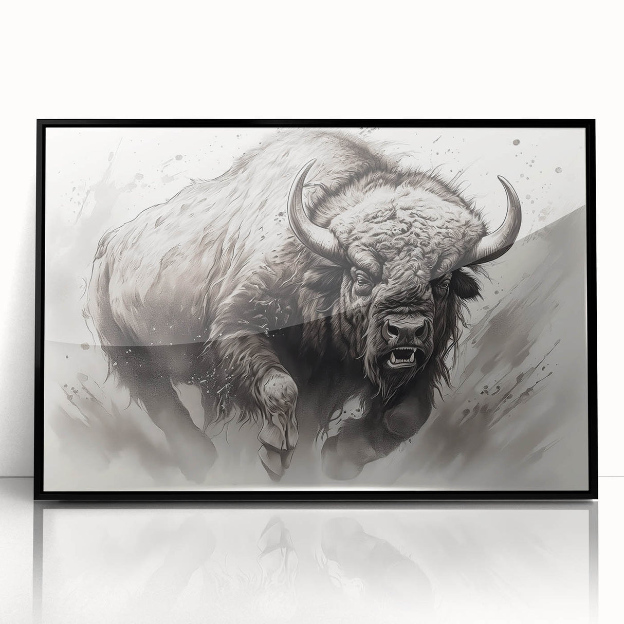 Framed acrylic wall art featuring a striking black buffalo design, showcasing intricate details and textures against a sleek black frame, perfect for wildlife enthusiasts.