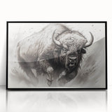 Framed acrylic wall art featuring a striking black buffalo design, showcasing intricate details and textures against a sleek black frame, perfect for wildlife enthusiasts.