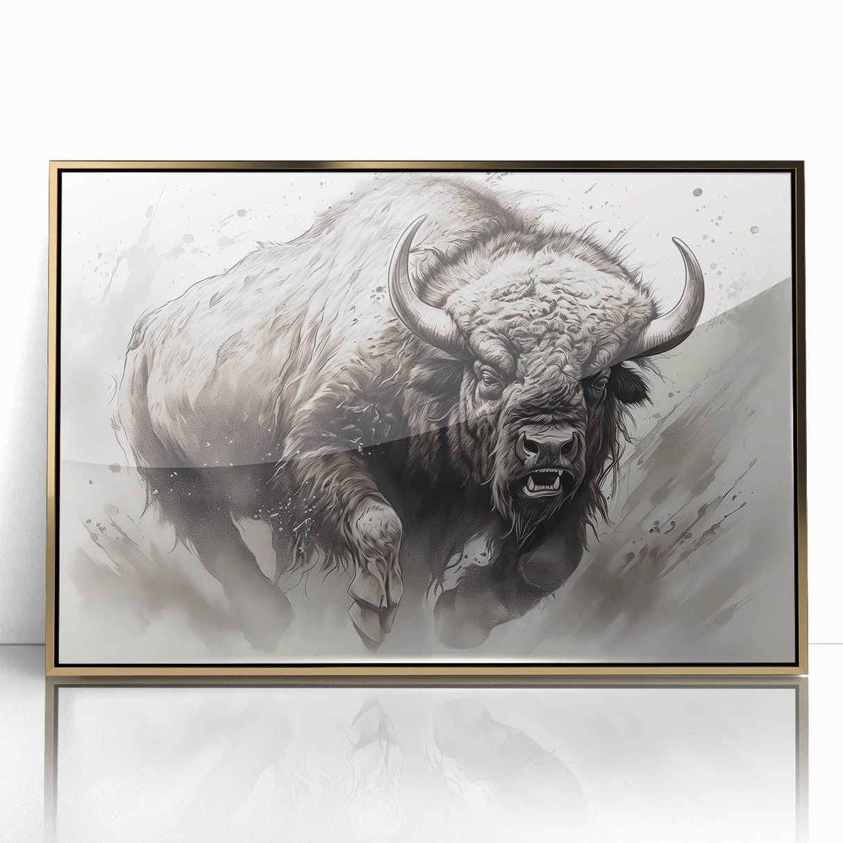 Framed wall art showcasing a majestic buffalo in a rich, gold-accented frame. This elegant piece captures the essence of wildlife art, perfect for nature lovers.