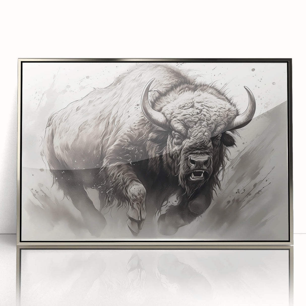 Framed wall art featuring a striking silver-accented buffalo design, showcasing intricate details of wildlife in a contemporary style, ideal for animal lovers.