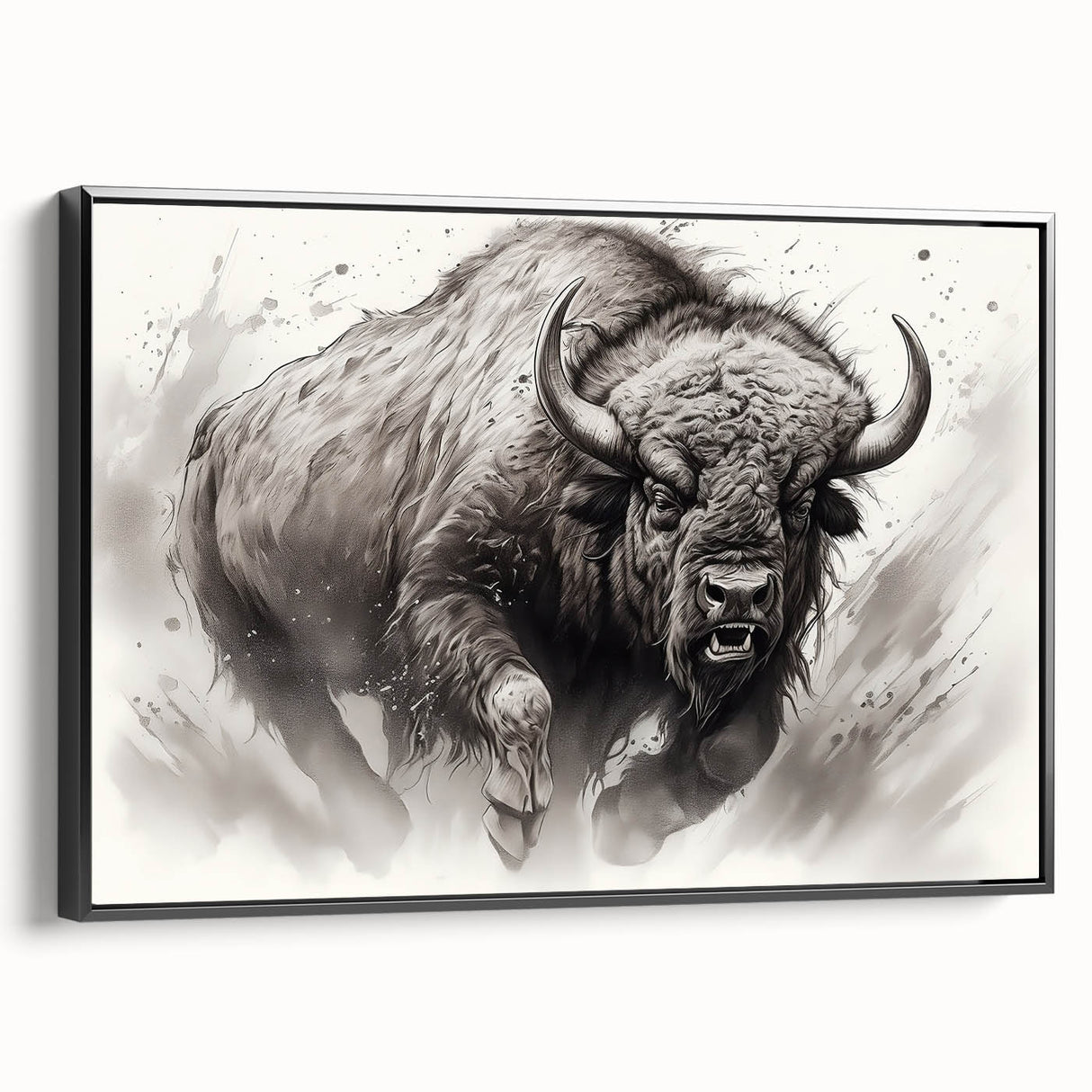 Framed canvas wall art showcasing a black bison design in profile view, highlighting intricate details and textures, perfect for wildlife enthusiasts and home decor.