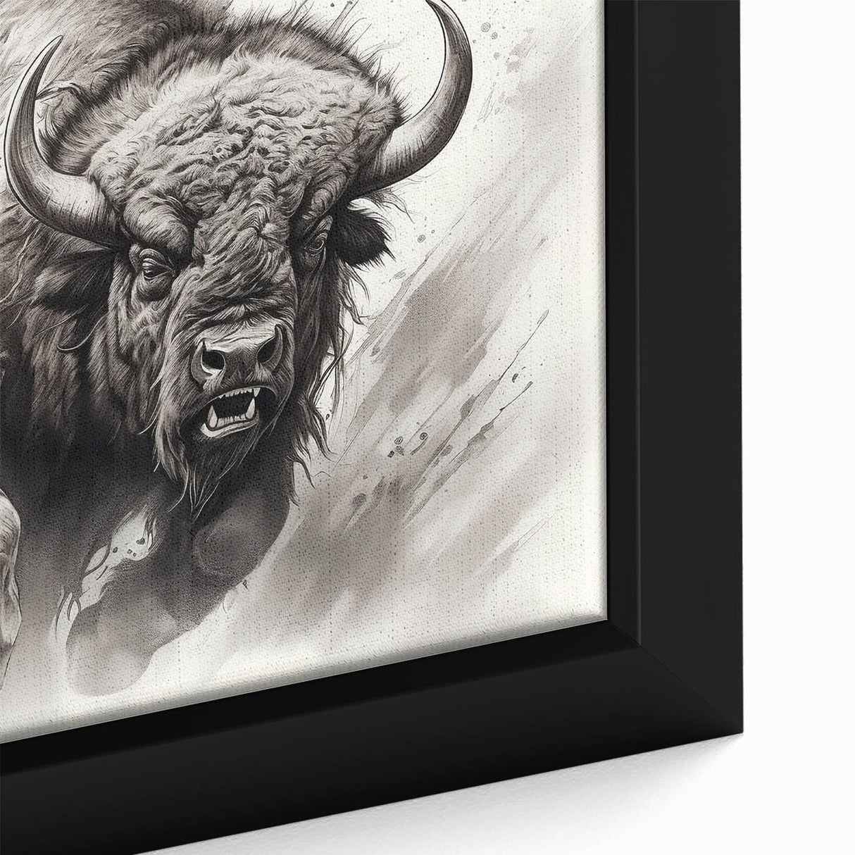 Close-up of a framed canvas wall art featuring a majestic buffalo in a natural setting, showcasing intricate details and vibrant colors, ideal for wildlife enthusiasts.