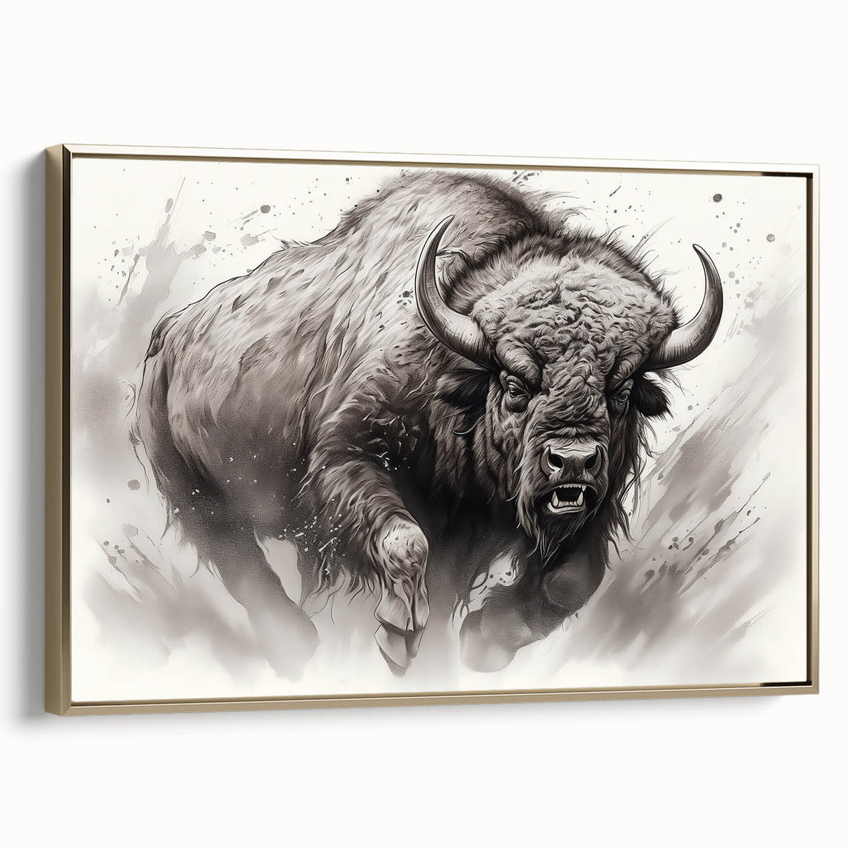 Framed canvas wall art showcasing a majestic buffalo in a side view, designed with rich gold accents, perfect for wildlife enthusiasts and home decor.