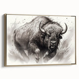 Framed canvas wall art showcasing a majestic buffalo in a side view, designed with rich gold accents, perfect for wildlife enthusiasts and home decor.