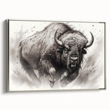 Framed canvas wall art featuring a majestic silver buffalo design from the A Bisson collection, showcasing intricate details and a sleek side view, perfect for wildlife decor enthusiasts.