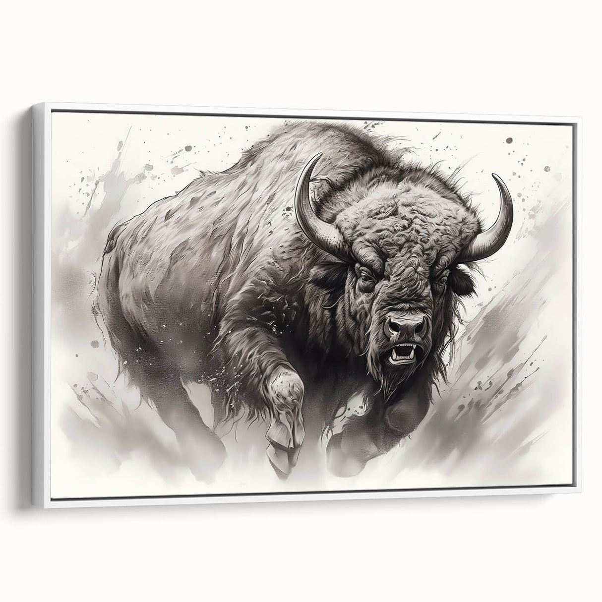 Framed canvas wall art depicting a majestic buffalo in a serene natural setting, showcasing intricate details and rich colors, perfect for wildlife enthusiasts' decor.