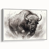Framed canvas wall art depicting a majestic buffalo in a serene natural setting, showcasing intricate details and rich colors, perfect for wildlife enthusiasts' decor.