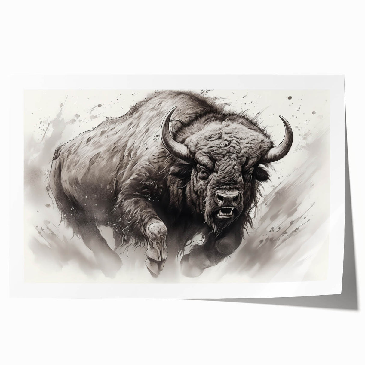 Buffalo wall art print showcasing a detailed illustration of a bison in a natural landscape, designed for home decor enthusiasts, rolled for easy display and shipping.