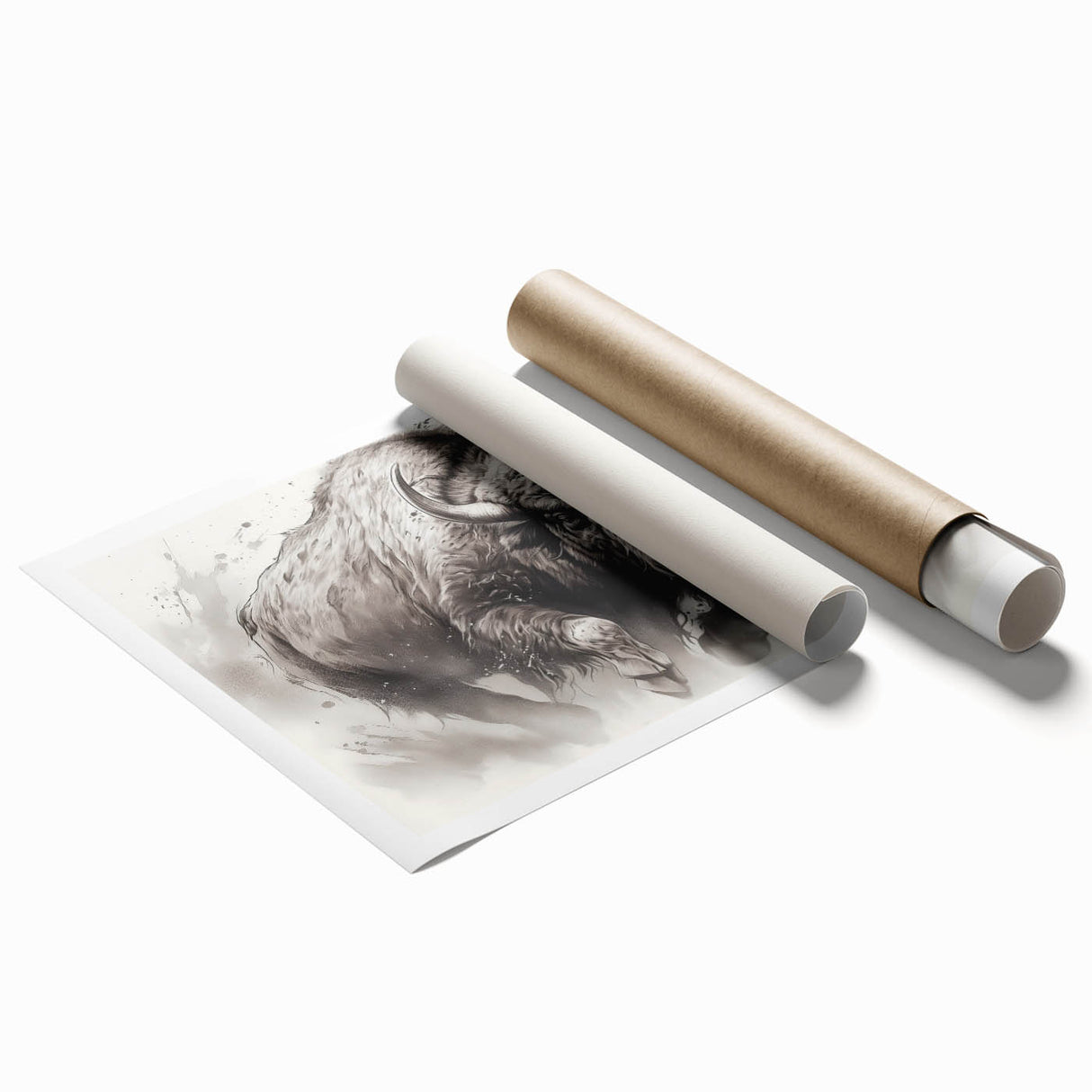 Buffalo wall art print showcasing a striking bison design in earthy tones, rolled and ready for display, perfect for wildlife enthusiasts and interior decor.