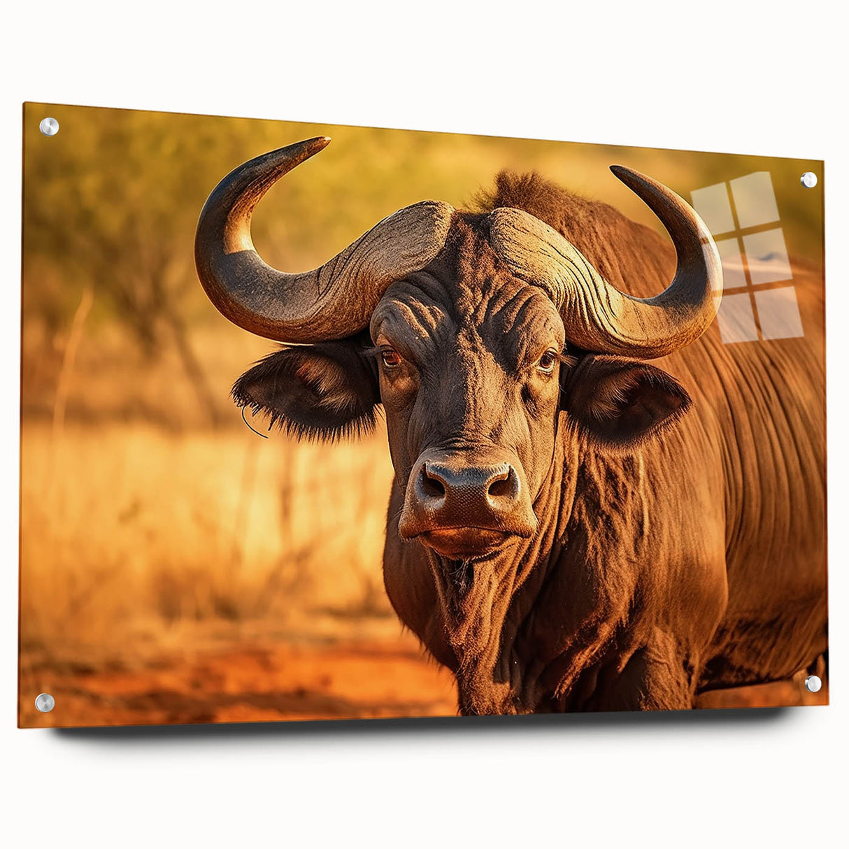 Side view of a stylish acrylic glass wall art piece featuring an artistic buffalo design, showcasing vibrant colors and modern aesthetics, ideal for wildlife decor.