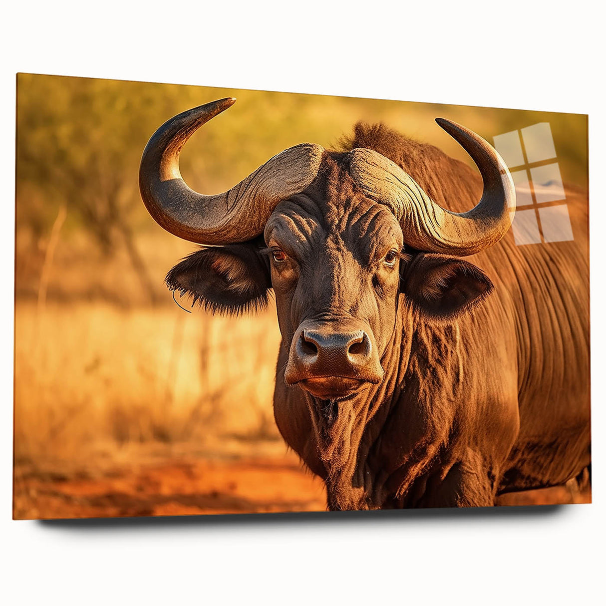 Acrylic glass wall art featuring a striking side view of a buffalo from the "A Wild Life" collection, showcasing detailed textures and vibrant colors, ideal for animal lovers.