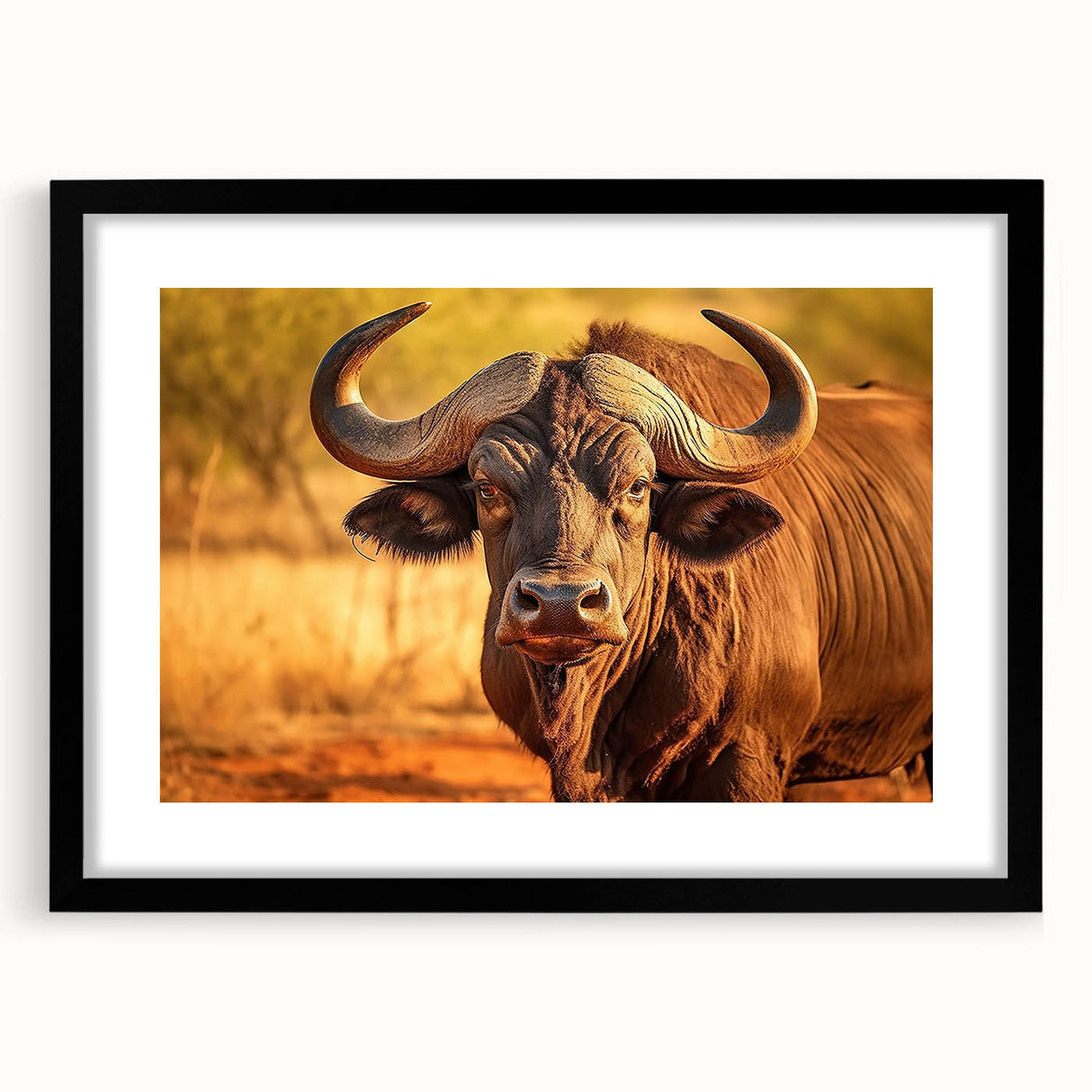 Framed wall art featuring a black mat and a striking buffalo design, showcasing wildlife aesthetics for home decor, ideal for animal lovers and nature enthusiasts.